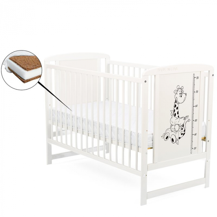 Patut din lemn bebe, 120x60 cm, Din lemn de pin si mdf, Stabil si rezistent, Inaltime saltea reglabila pe 3 nivele, Laterala cu 3 bete detasabile, EN716-1, EN716-2, Alb, Babyneeds, Timmi Girafa + Salt [1]
