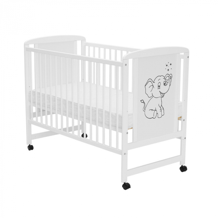 Patut din lemn bebe, 120x60 cm, Din lemn de pin si mdf, Stabil si rezistent, Inaltime saltea reglabila pe 3 nivele, Laterala cu 3 bete detasabile, EN716-1, EN716-2, Alb, Qmini, Timmi Elephant [2]