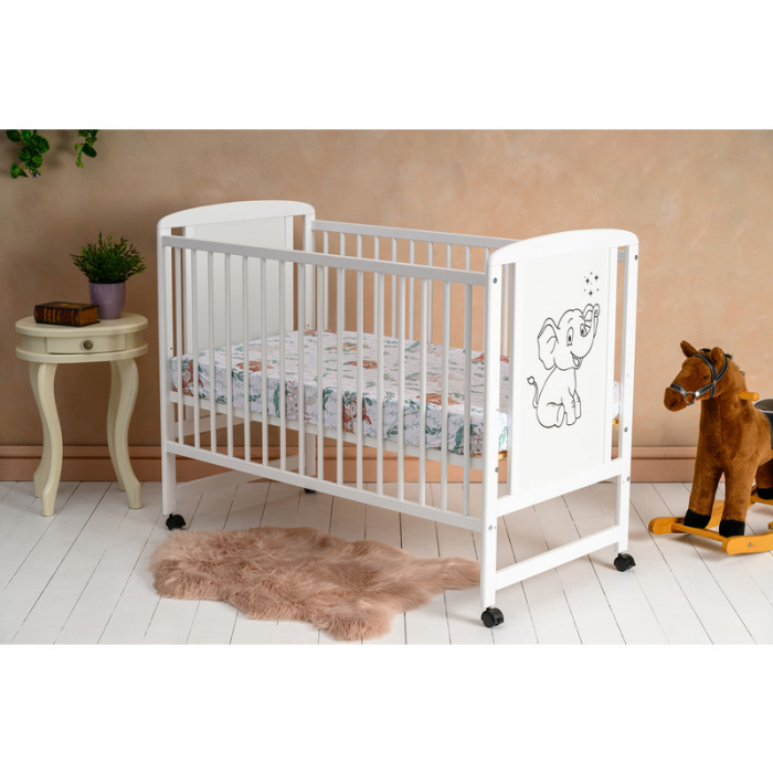 Patut din lemn bebe, 120x60 cm, Din lemn de pin si mdf, Stabil si rezistent, Inaltime saltea reglabila pe 3 nivele, Laterala cu 3 bete detasabile, EN716-1, EN716-2, Alb, Qmini, Timmi Elephant + Saltea [1]