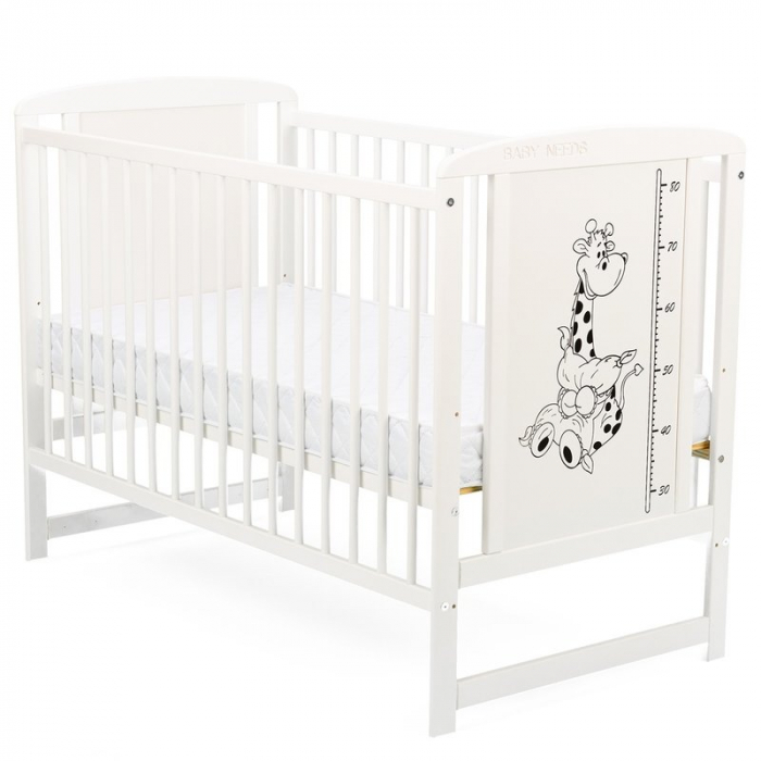 Patut din lemn bebe, 120x60 cm, Din lemn de pin si mdf, Stabil si rezistent, Inaltime saltea reglabila pe 3 nivele, Laterala cu 3 bete detasabile, EN716-1, EN716-2, Alb, Babyneeds, Timmi Girafa + Salt [8]