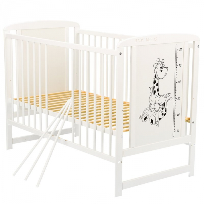Patut din lemn bebe, 120x60 cm, Din lemn de pin si mdf, Stabil si rezistent, Inaltime saltea reglabila pe 3 nivele, Laterala cu 3 bete detasabile, EN716-1, EN716-2, Alb, Babyneeds, Timmi Girafa + Salt [6]