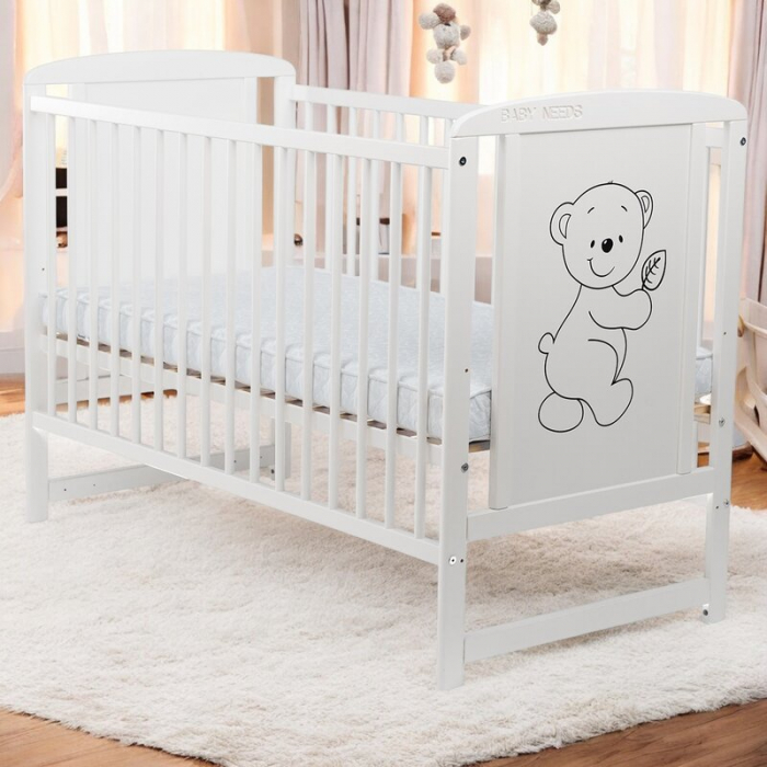 Patut din lemn bebe, 120x60 cm, Din lemn de pin si mdf, Stabil si rezistent, Inaltime saltea reglabila pe 3 nivele, Laterala cu 3 bete detasabile, EN716-1, EN716-2, Alb, Babyneeds, Timmi + Saltea 8 cm [3]