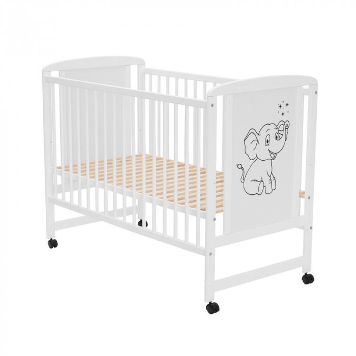 Patut din lemn bebe, 120x60 cm, Din lemn de pin si mdf, Stabil si rezistent, Inaltime saltea reglabila pe 3 nivele, Laterala cu 3 bete detasabile, EN716-1, EN716-2, Alb, Qmini, Timmi Elephant + Saltea [5]