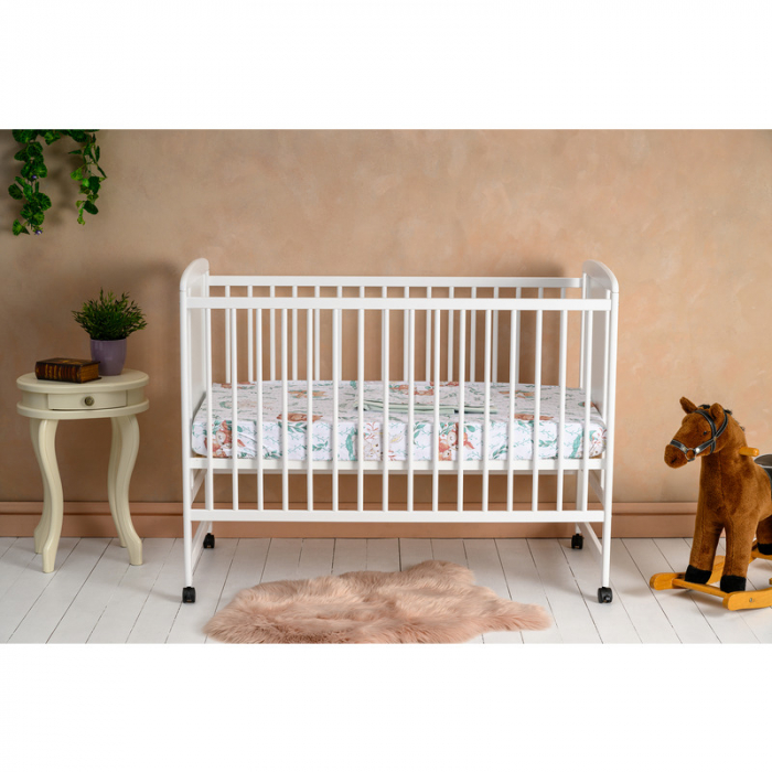 Patut din lemn bebe, 120x60 cm, Din lemn de pin si mdf, Stabil si rezistent, Inaltime saltea reglabila pe 3 nivele, Laterala cu 3 bete detasabile, EN716-1, EN716-2, Alb, Qmini, Timmi Elephant + Saltea [2]