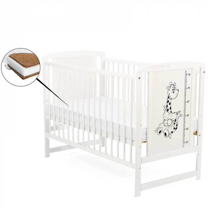 Patut din lemn bebe, 120x60 cm, Din lemn de pin si mdf, Stabil si rezistent, Inaltime saltea reglabila pe 3 nivele, Laterala cu 3 bete detasabile, EN716-1, EN716-2, Alb, Babyneeds, Timmi Girafa + Salt [1]