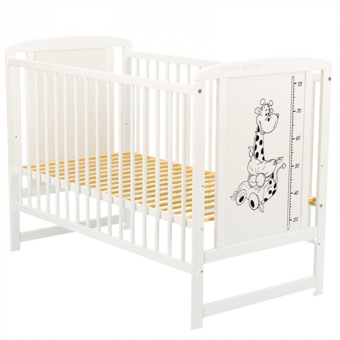 Patut din lemn bebe, 120x60 cm, Din lemn de pin si mdf, Stabil si rezistent, Inaltime saltea reglabila pe 3 nivele, Laterala cu 3 bete detasabile, EN716-1, EN716-2, Alb, Babyneeds, Timmi Girafa + Salt [4]