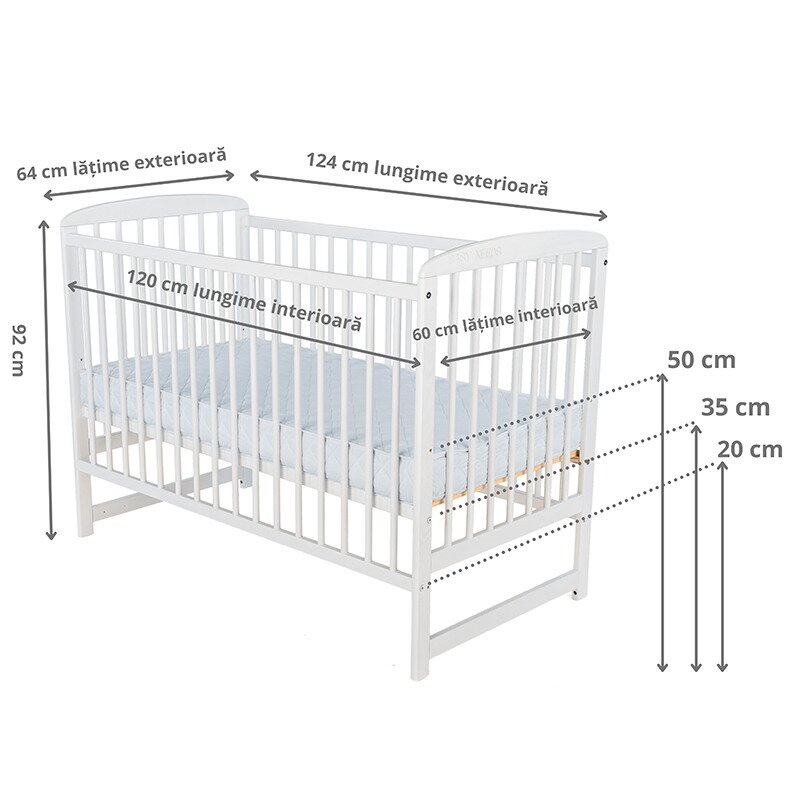 Patut din lemn bebe, 120X60 cm, Din lemn de pin, Stabil si rezistent, Inaltime saltea reglabila pe 3 nivele, Laterala cu 3 bete detasabile, EN716-1, EN716-2, Alb, Babyneeds, Ola + Saltea 12 cm [4]