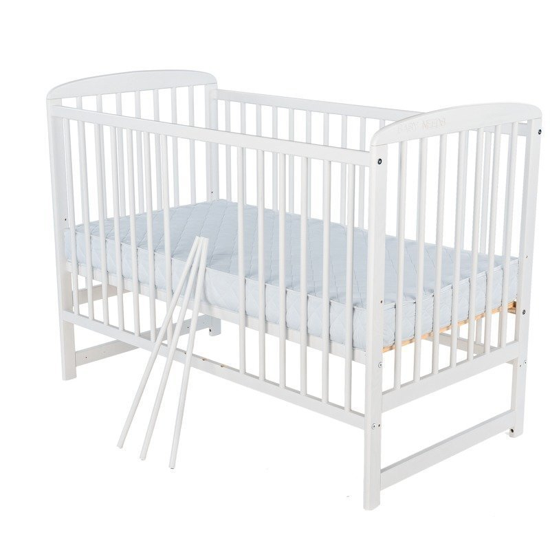 Patut din lemn bebe, 120X60 cm, Din lemn de pin, Stabil si rezistent, Inaltime saltea reglabila pe 3 nivele, Laterala cu 3 bete detasabile, EN716-1, EN716-2, Alb, Babyneeds, Ola + Saltea 12 cm [2]