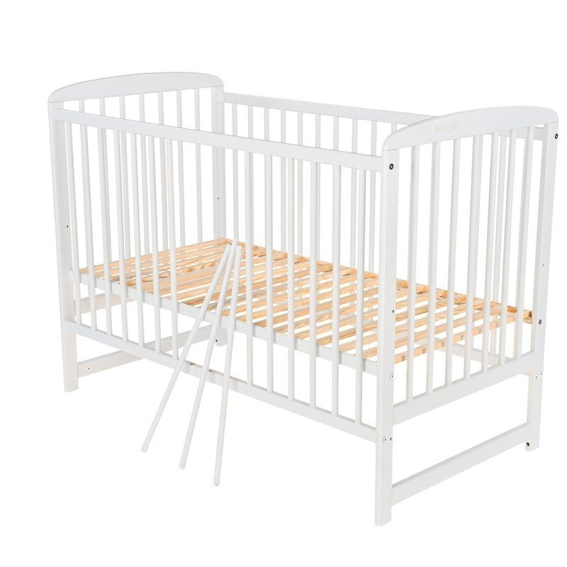Patut din lemn bebe, 120X60 cm, Din lemn de pin, Stabil si rezistent, Inaltime saltea reglabila pe 3 nivele, Laterala cu 3 bete detasabile, EN716-1, EN716-2, Alb, Babyneeds, Ola + Saltea 12 cm [6]