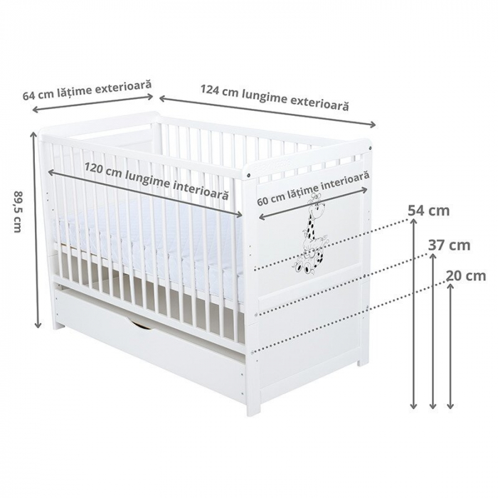 Patut din lemn bebe, Transformabil pentru junior, 120x60 cm, Cu sertar cu capac, Din lemn de pin si mdf, Stabil si rezistent, Inaltime reglabila pe 3 nivele, Laterala cu 3 bete detasabile, EN716-1 EN7 [5]