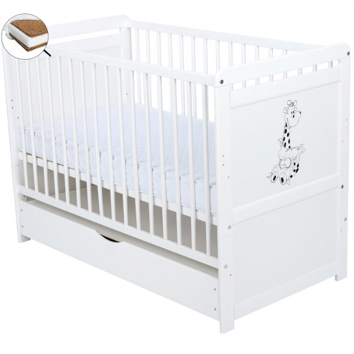 Patut din lemn bebe, Transformabil pentru junior, 120x60 cm, Cu sertar cu capac, Din lemn de pin si mdf, Stabil si rezistent, Inaltime reglabila pe 3 nivele, Laterala cu 3 bete detasabile, EN716-1 EN7 [2]