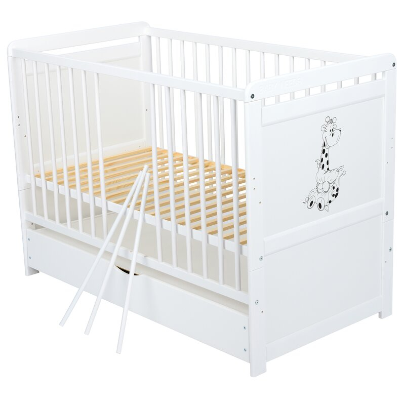 Patut din lemn bebe, Transformabil si pentru junior, 120x60 cm, Cu sertar cu capac, Din lemn de pin si mdf, Stabil si rezistent, Inaltime reglabila pe 3 nivele, Laterala cu 3 bete detasabile, EN716-1  [9]