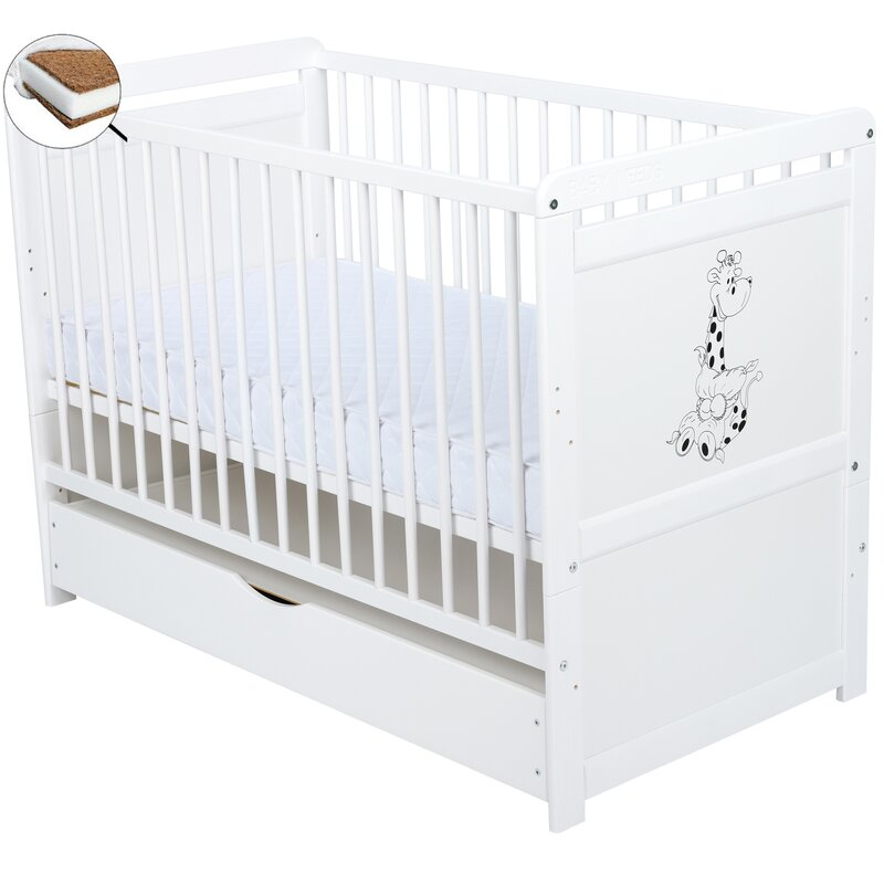 Patut din lemn bebe, Transformabil si pentru junior, 120x60 cm, Cu sertar cu capac, Din lemn de pin si mdf, Stabil si rezistent, Inaltime reglabila pe 3 nivele, Laterala cu 3 bete detasabile, EN716-1  [2]