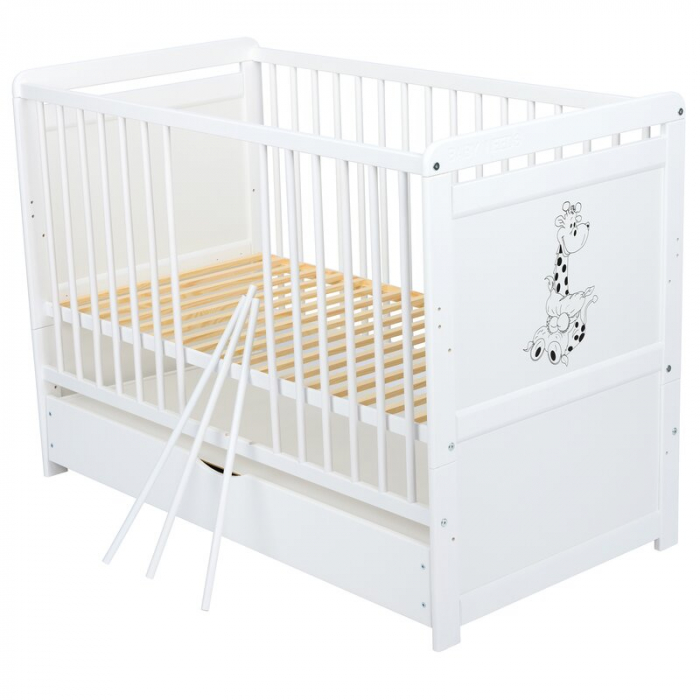 Patut din lemn bebe, Transformabil si pentru junior, 120x60 cm, Cu sertar cu capac, Din pin si mdf, Stabil si rezistent, Inaltime saltea reglabila pe 3 nivele, Laterala cu 3 bete detasabile, EN716-1,  [9]