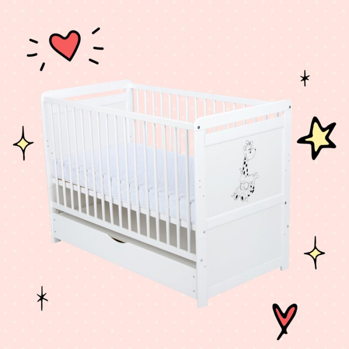 Patut din lemn bebe, Transformabil si pentru junior, 120x60 cm, Cu sertar cu capac, Din pin si mdf, Stabil si rezistent, Inaltime saltea reglabila pe 3 nivele, Laterala cu 3 bete detasabile, EN716-1,  [3]