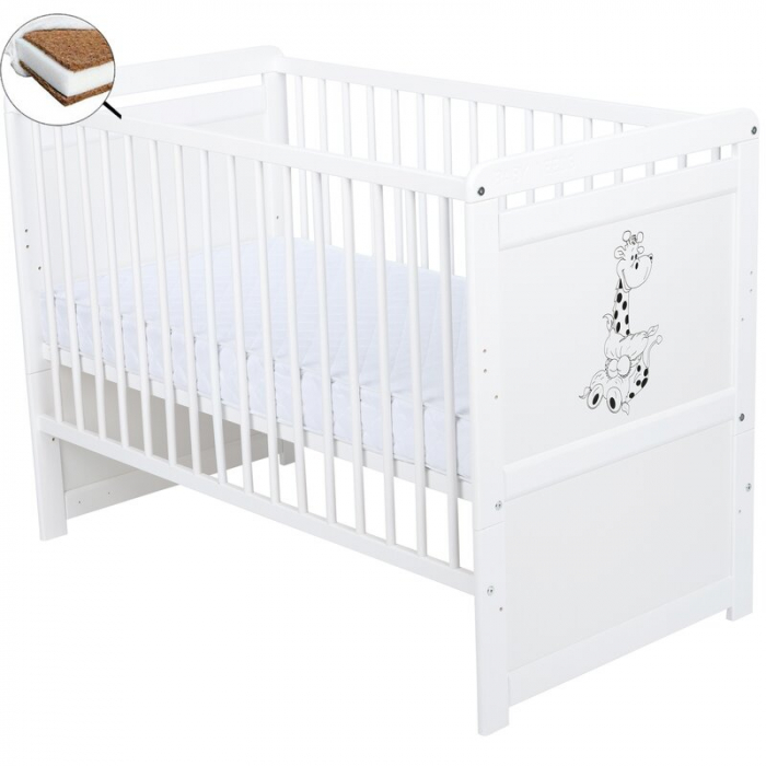 Patut din lemn bebe, Transformabil si pentru junior, 120x60 cm, Din lemn de pin si mdf, Stabil si rezistent, Inaltime saltea reglabila pe 3 nivele, Laterala cu 3 bete detasabile, EN716-1, EN716-2, Alb [2]