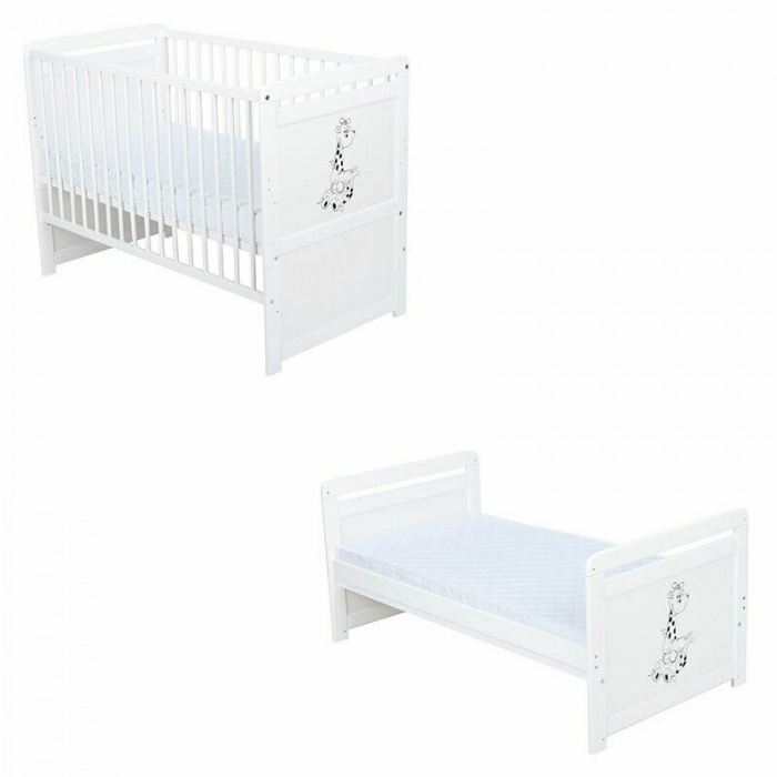 Patut din lemn bebe, Transformabil si pentru junior, 120x60 cm, Din lemn de pin si mdf, Stabil si rezistent, Inaltime saltea reglabila pe 3 nivele, Laterala cu 3 bete detasabile, EN716-1, EN716-2, Alb [1]