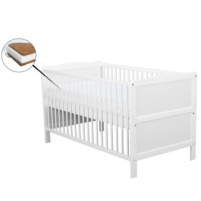 Patut din lemn bebe, Transformabil si pentru junior, 140x70 cm, Din lemn de pin si mdf, Stabil si rezistent, Inaltime saltea reglabila pe 3 nivele, Laterala cu 3 bete detasabile, EN716-1, EN716-2, Alb [8]