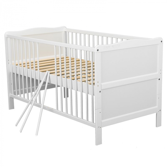 Patut din lemn bebe, Transformabil si pentru junior, 140x70 cm, Din lemn de pin si mdf, Stabil si rezistent, Inaltime saltea reglabila pe 3 nivele, Laterala cu 3 bete detasabile, EN716-1, EN716-2, Alb [17]