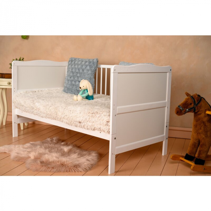 Patut din lemn bebe, Transformabil si pentru junior, 140x70 cm, Din lemn de pin si mdf, Stabil si rezistent, Inaltime saltea reglabila pe 3 nivele, Laterala cu 3 bete detasabile, EN716-1, EN716-2, Alb [5]