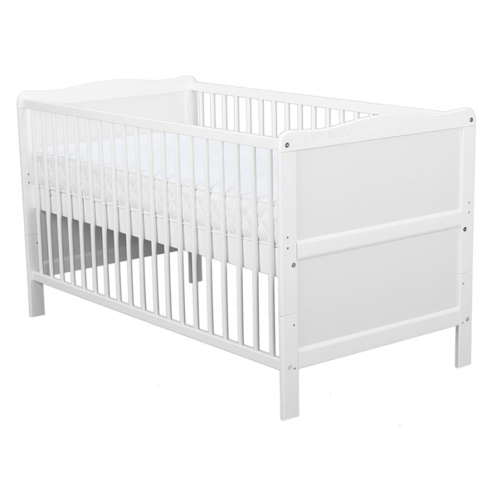 Patut din lemn bebe, Transformabil si pentru junior, 140x70 cm, Din lemn de pin si mdf, Stabil si rezistent, Inaltime saltea reglabila pe 3 nivele, Laterala cu 3 bete detasabile, EN716-1, EN716-2, Alb [10]