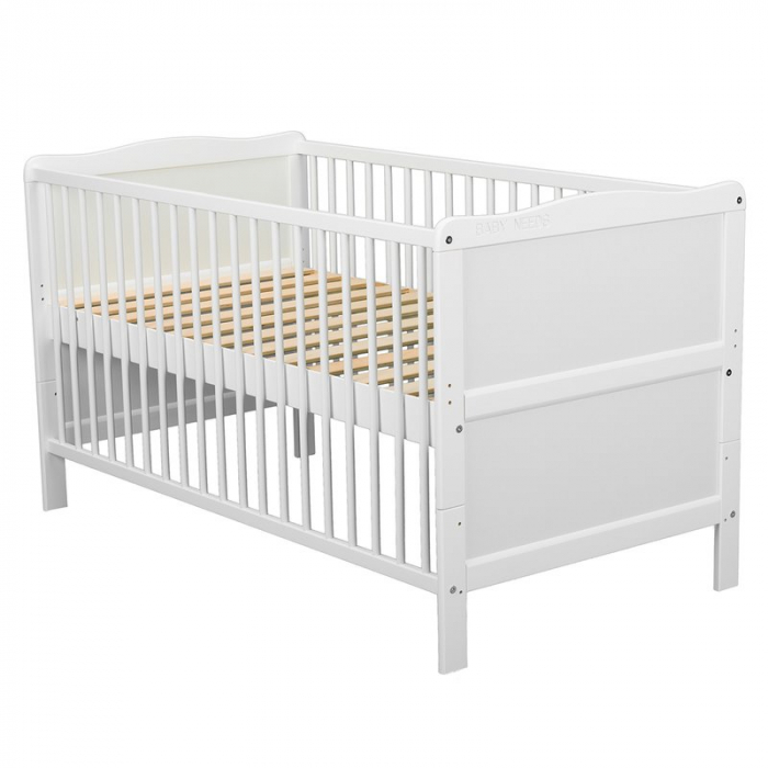Patut din lemn bebe, Transformabil si pentru junior, 140x70 cm, Din lemn de pin si mdf, Stabil si rezistent, Inaltime saltea reglabila pe 3 nivele, Laterala cu 3 bete detasabile, EN716-1, EN716-2, Alb [16]