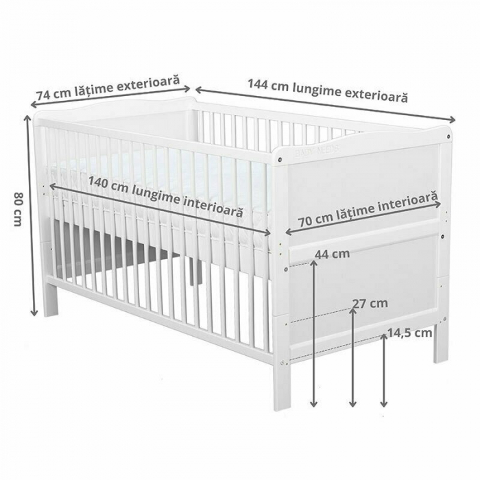 Patut din lemn bebe, Transformabil si pentru junior, 140x70 cm, Din lemn de pin si mdf, Stabil si rezistent, Inaltime saltea reglabila pe 3 nivele, Laterala cu 3 bete detasabile, EN716-1, EN716-2, Alb [11]