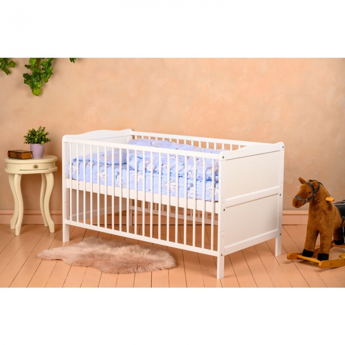 Patut din lemn bebe, Transformabil si pentru junior, 140x70 cm, Din lemn de pin si mdf, Stabil si rezistent, Inaltime saltea reglabila pe 3 nivele, Laterala cu 3 bete detasabile, EN716-1, EN716-2, Alb [2]
