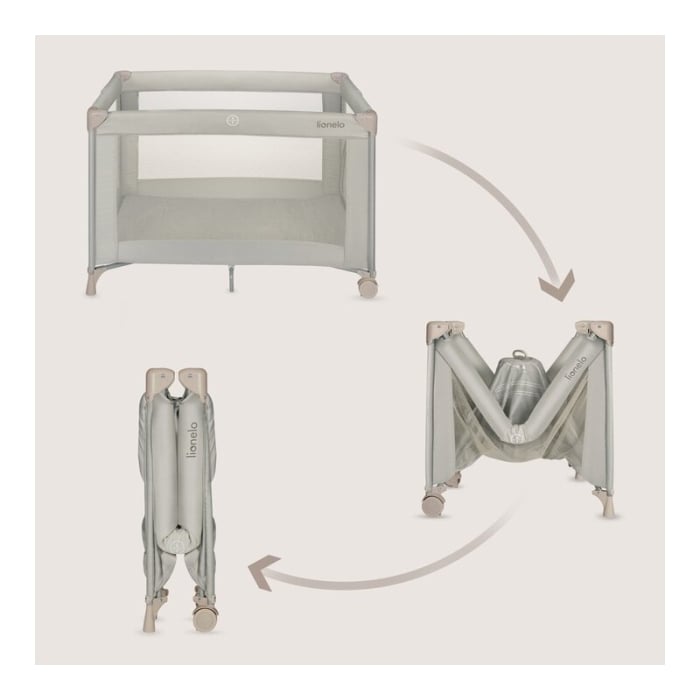 Patut pliant, Lionelo, Amelie, Cu intrare laterala, 100.5×70.5 cm, Include salteluta, roti, geanta pentru transport, Constructie usoara- 7 kg, Cadru stabil din otel, Bej [4]