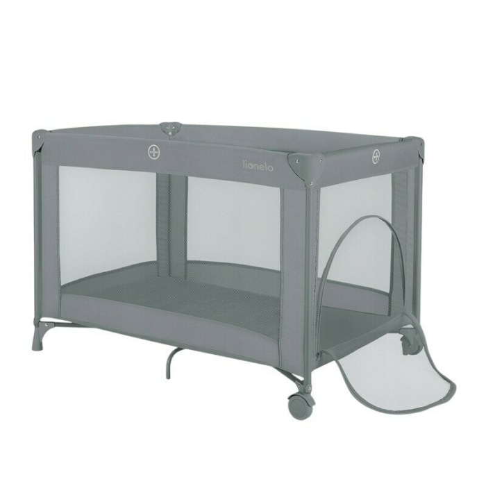 Patut pliant, Lionelo, Amelie, Cu intrare laterala, 100.5×70.5 cm, Include salteluta, roti, geanta pentru transport, Constructie usoara- 7 kg, Cadru stabil din otel, Gri [1]
