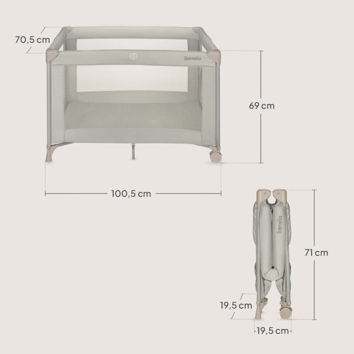 Patut pliant, Lionelo, Amelie, Cu intrare laterala, 100.5×70.5 cm, Include salteluta, roti, geanta pentru transport, Constructie usoara- 7 kg, Cadru stabil din otel, Bej [14]