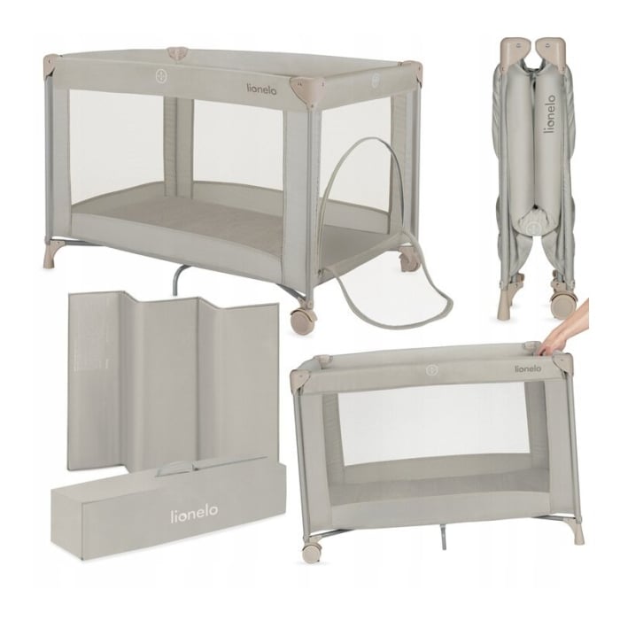 Patut pliant, Lionelo, Amelie, Cu intrare laterala, 100.5×70.5 cm, Include salteluta, roti, geanta pentru transport, Constructie usoara- 7 kg, Cadru stabil din otel, Bej [3]