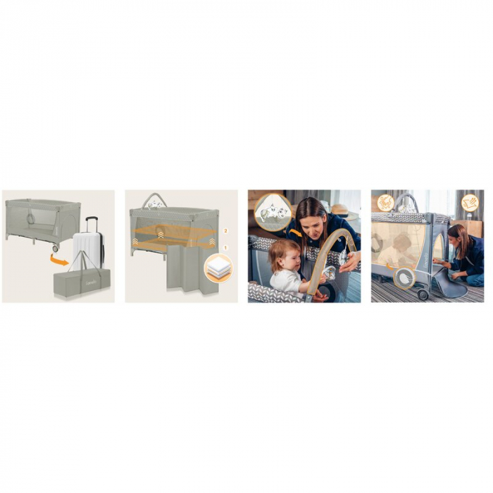 Patut pliant, Lionelo, Flower, Cu doua nivele, Cu arcada, Geanta transport, Masuta de infasat, Bara cu jucarii, Fereastra laterala, 120x60 cm, Conform cu standardele europeane de securitate EN 716 si  [16]