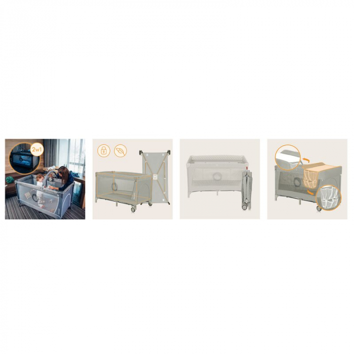 Patut pliant, Lionelo, Flower, Cu doua nivele, Cu arcada, Geanta transport, Masuta de infasat, Bara cu jucarii, Fereastra laterala, 120x60 cm, Conform cu standardele europeane de securitate EN 716 si  [15]