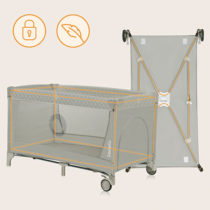 Patut pliant, Lionelo, Flower, Cu doua nivele, Cu arcada, Geanta transport, Masuta de infasat, Bara cu jucarii, Fereastra laterala, 120x60 cm, Conform cu standardele europeane de securitate EN 716 si  [9]