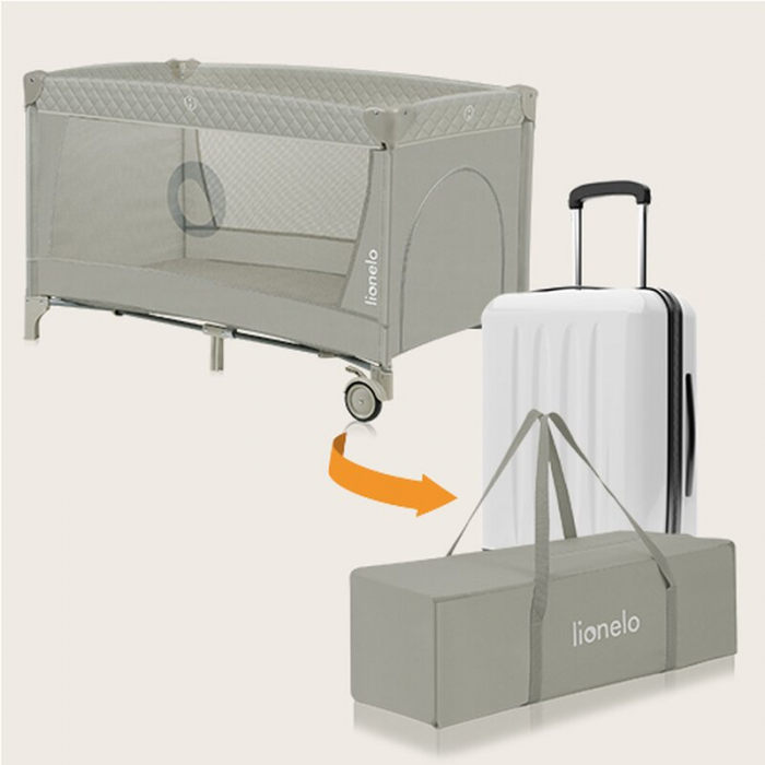Patut pliant, Lionelo, Flower, Cu doua nivele, Cu arcada, Geanta transport, Masuta de infasat, Bara cu jucarii, Fereastra laterala, 120x60 cm, Conform cu standardele europeane de securitate EN 716 si  [12]