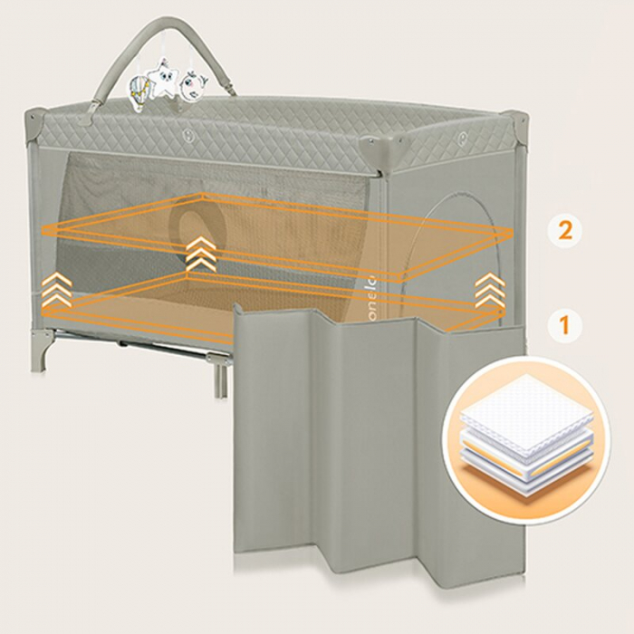 Patut pliant, Lionelo, Flower, Cu doua nivele, Cu arcada, Geanta transport, Masuta de infasat, Bara cu jucarii, Fereastra laterala, 120x60 cm, Conform cu standardele europeane de securitate EN 716 si  [13]