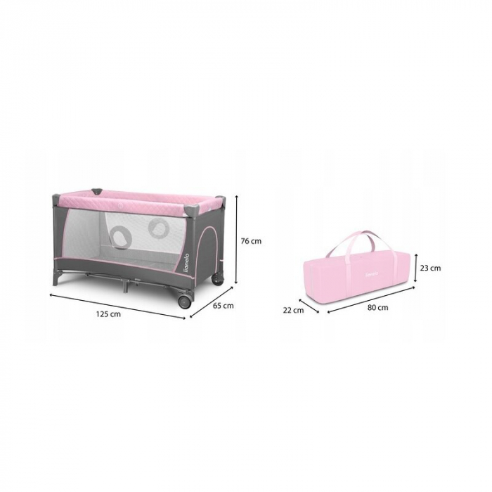 Patut pliant, Lionelo, Flower, Cu doua nivele, Cu arcada, Geanta transport, Masuta de infasat, Bara cu jucarii, Fereastra laterala, 120x60 cm, Conform cu standardele europeane de securitate EN 716 si  [9]