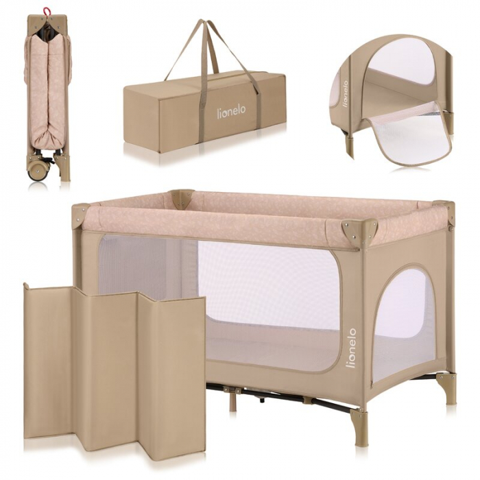 Patut pliant, Lionelo, Jasmin Easy Fold, Pana la 15 kg, Usor de pliat, Cu doua nivele, Cu saltea ergonomica T25, Cu intrare laterala cu fermoar, 2 roti cu frana, 123 x 67 cm, Conform cu EN 716, 0-36 l [18]