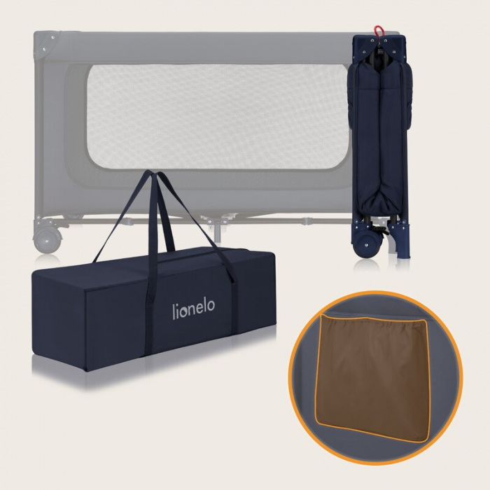 Patut pliant, Lionelo, Jasmin Easy Fold, Pana la 15 kg, Usor de pliat, Cu doua nivele, Cu saltea ergonomica T25, Cu intrare laterala cu fermoar, 2 roti cu frana, 123 x 67 cm, Conform cu EN 716, 0-36 l [28]