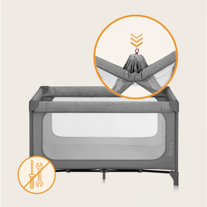 Patut pliant, Lionelo, Jasmin Easy Fold, Pana la 15 kg, Usor de pliat, Cu doua nivele, Cu saltea ergonomica T25, Cu intrare laterala cu fermoar, 2 roti cu frana, 123 x 67 cm, Conform cu EN 716, 0-36 l [21]