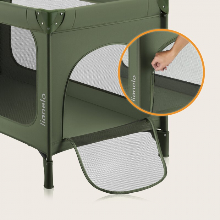 Patut pliant, Lionelo, Jasmin Easy Fold, Pana la 15 kg, Usor de pliat, Cu doua nivele, Cu saltea ergonomica T25, Cu intrare laterala cu fermoar, 2 roti cu frana, 123 x 67 cm, Conform cu EN 716, 0-36 l [29]