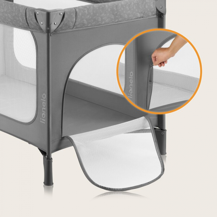 Patut pliant, Lionelo, Jasmin Easy Fold, Pana la 15 kg, Usor de pliat, Cu doua nivele, Cu saltea ergonomica T25, Cu intrare laterala cu fermoar, 2 roti cu frana, 123 x 67 cm, Conform cu EN 716, 0-36 l [27]