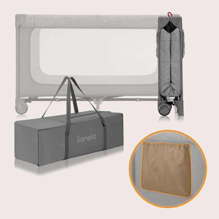 Patut pliant, Lionelo, Jasmin Easy Fold, Pana la 15 kg, Usor de pliat, Cu doua nivele, Cu saltea ergonomica T25, Cu intrare laterala cu fermoar, 2 roti cu frana, 123 x 67 cm, Conform cu EN 716, 0-36 l [28]