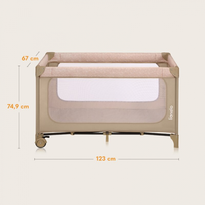 Patut pliant, Lionelo, Jasmin Easy Fold, Pana la 15 kg, Usor de pliat, Cu doua nivele, Cu saltea ergonomica T25, Cu intrare laterala cu fermoar, 2 roti cu frana, 123 x 67 cm, Conform cu EN 716, 0-36 l [19]