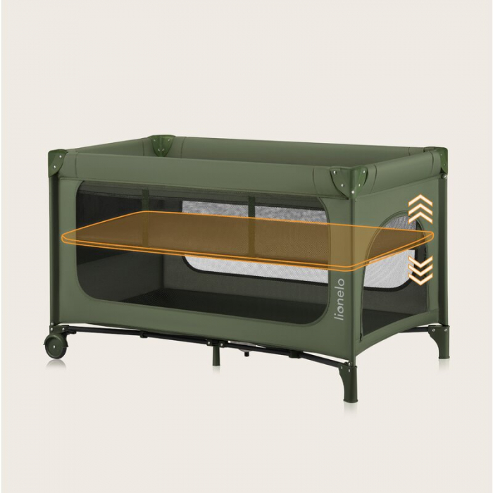 Patut pliant, Lionelo, Jasmin Easy Fold, Pana la 15 kg, Usor de pliat, Cu doua nivele, Cu saltea ergonomica T25, Cu intrare laterala cu fermoar, 2 roti cu frana, 123 x 67 cm, Conform cu EN 716, 0-36 l [25]