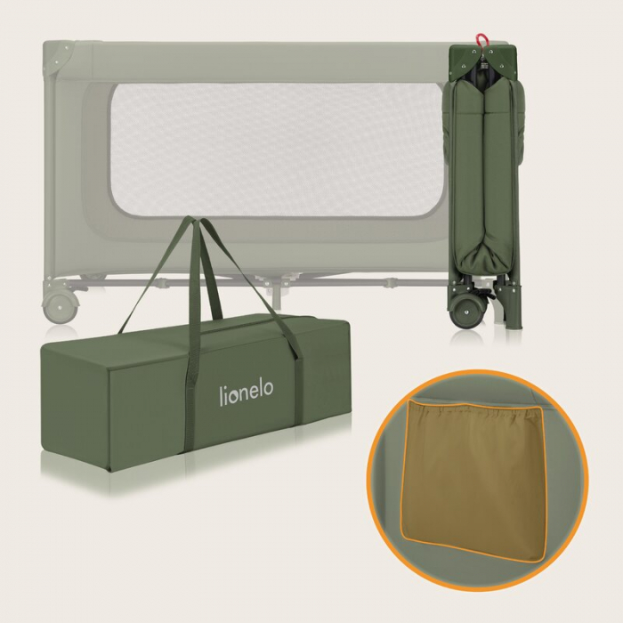 Patut pliant, Lionelo, Jasmin Easy Fold, Pana la 15 kg, Usor de pliat, Cu doua nivele, Cu saltea ergonomica T25, Cu intrare laterala cu fermoar, 2 roti cu frana, 123 x 67 cm, Conform cu EN 716, 0-36 l [30]
