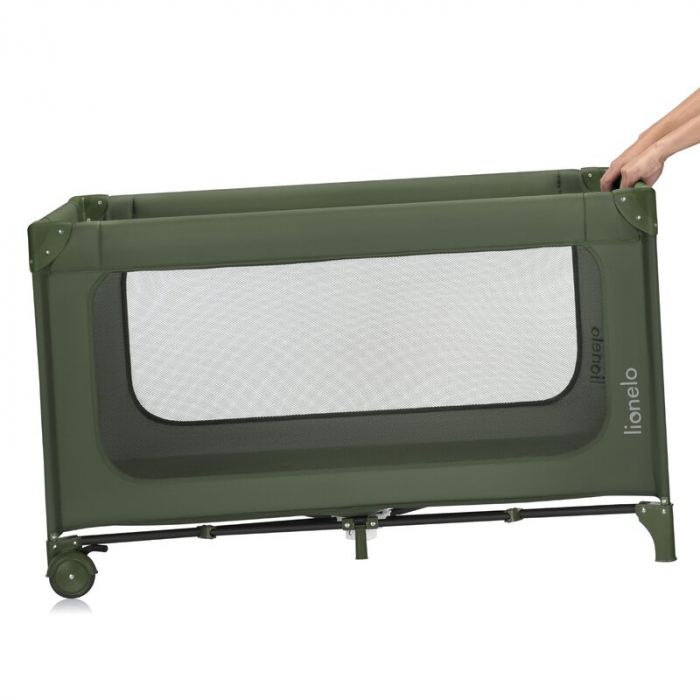 Patut pliant, Lionelo, Jasmin Easy Fold, Pana la 15 kg, Usor de pliat, Cu doua nivele, Cu saltea ergonomica T25, Cu intrare laterala cu fermoar, 2 roti cu frana, 123 x 67 cm, Conform cu EN 716, 0-36 l [9]