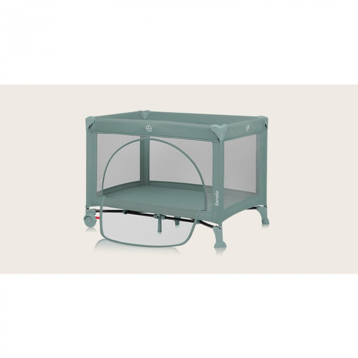 Patut pliant, Lionelo, Laura, 102 x 74 cm, Cu doua nivele, Functie de tarc, Cu roti, Include salteluta si geanta de transport, Pereti din plasa, Deschidere laterala, Pana la 15 kg, 0 luni +, Verde [18]