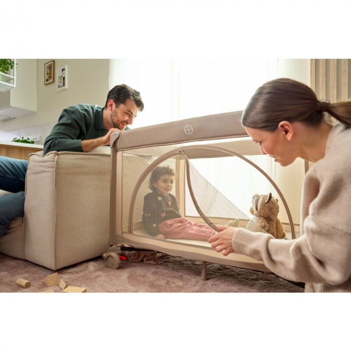 Patut pliant, Lionelo, Laura, 102 x 74 cm, Cu doua nivele, Functie de tarc, Cu roti, Include salteluta si geanta de transport, Pereti din plasa, Deschidere laterala, Pana la 15 kg, 0 luni +, Gri [26]